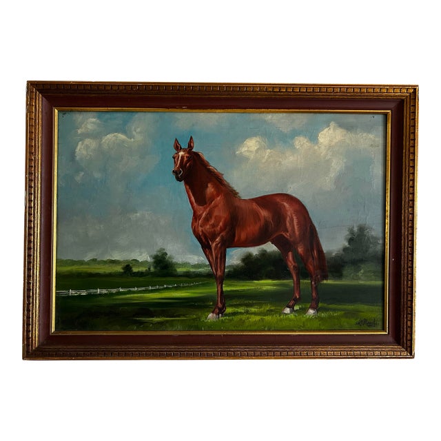 Antique Large Classic Oil Painting of a Thoroughbred Horse in Wood Frame For Sale