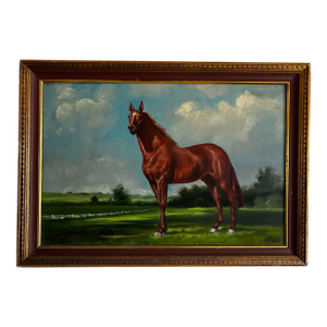 Antique Large Classic Oil Painting of a Thoroughbred Horse in Wood Frame