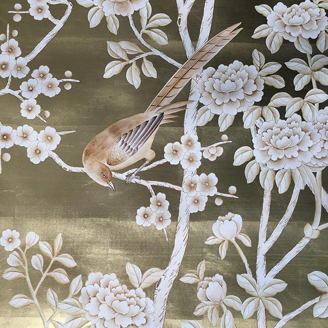 Silver Leaf Chinoiserie Hand-Painted Pale Blue Peony & Bird Wall Panels (Set of 5) For Sale - Image 6 of 15