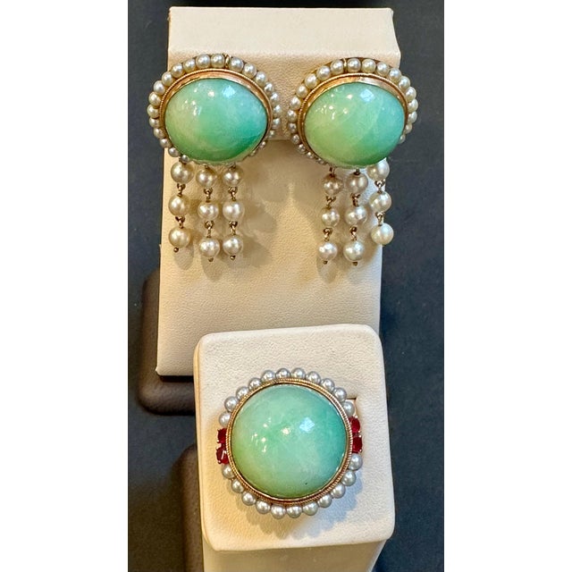 Jade Vintage Natural Jade Earring & Ring Set + Natural Pearls, 14 K Yellow Gold 48 Gm For Sale - Image 8 of 18