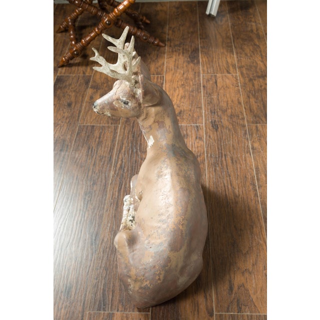 American 1950s Concrete Reclining Deer with Antlers and Weathered Appearance For Sale - Image 9 of 9
