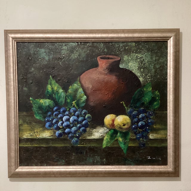 Vintage Still Life Oil Painting "Fruits and Clay Pot" Signed by Artist Framed For Sale - Image 12 of 12
