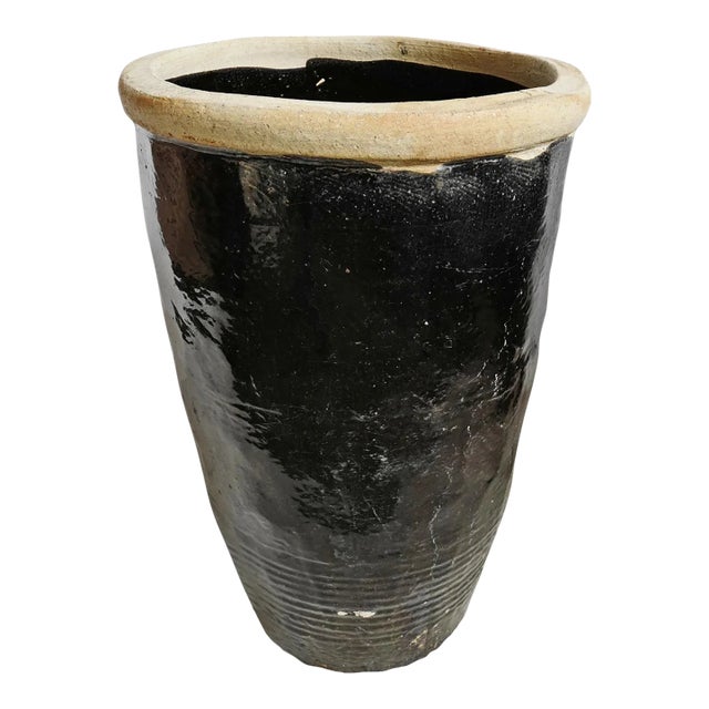Vintage Black Ceramic Village Pot / Planter For Sale