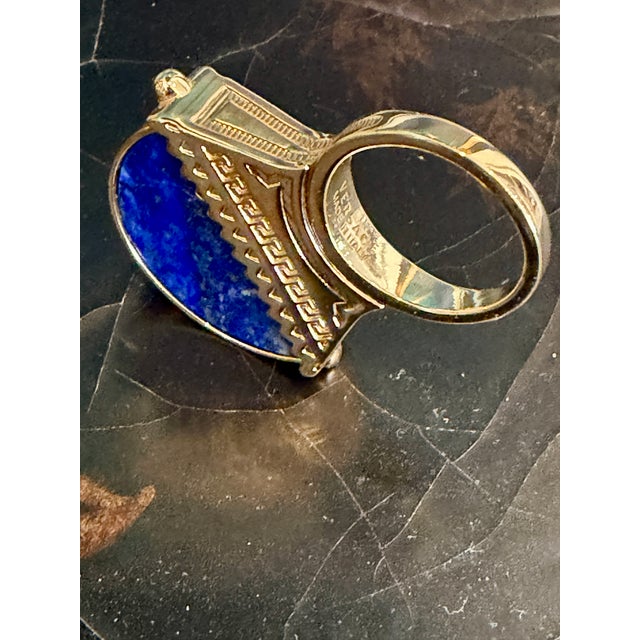 Retro Versace Lapis Lazuli Domed Ring With Medusa Logo and Greek Key Detail, Size 8 For Sale - Image 13 of 17