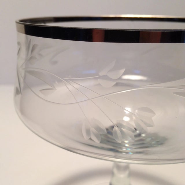Metal Platinum Rim Floral Etched Crystal Pedestal Bowl For Sale - Image 7 of 11