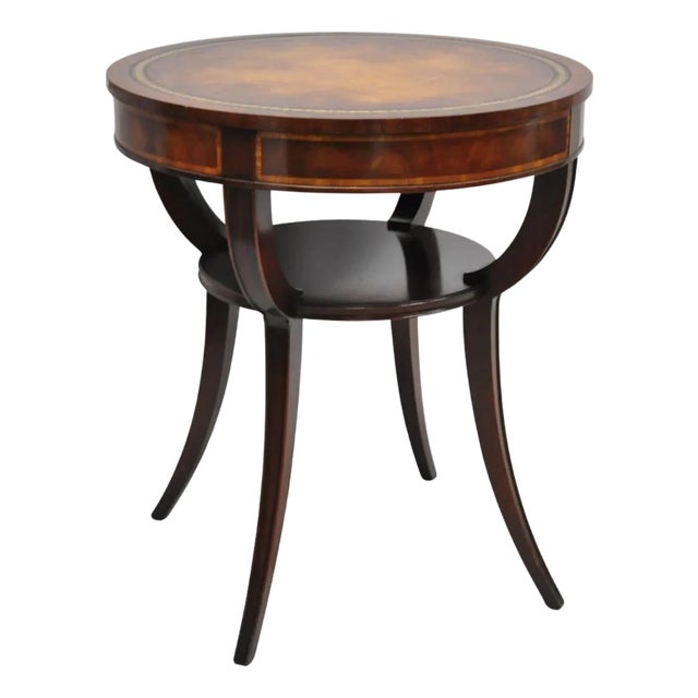 Vintage Weiman French Regency Round Mahogany Leather Top Saber Leg Side Table For Sale