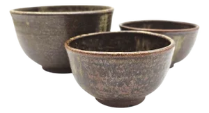 Japanese Mingei Stoneware Chawan Bowls, Rustic Iron Oxide Fired, Set of Three