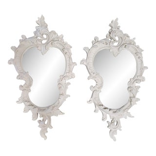 Pair of Antique French Rococo Carved & Shabby Chic White Painted Mirrors For Sale