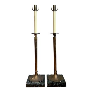 Vintage Chapman Brass and Marble Candlestick Lamps - A Pair For Sale