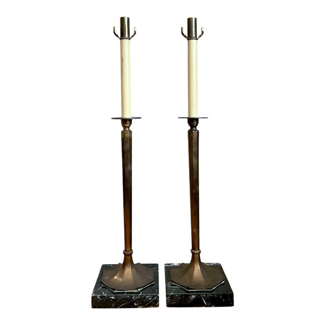 Vintage Chapman Brass and Marble Candlestick Lamps - A Pair For Sale