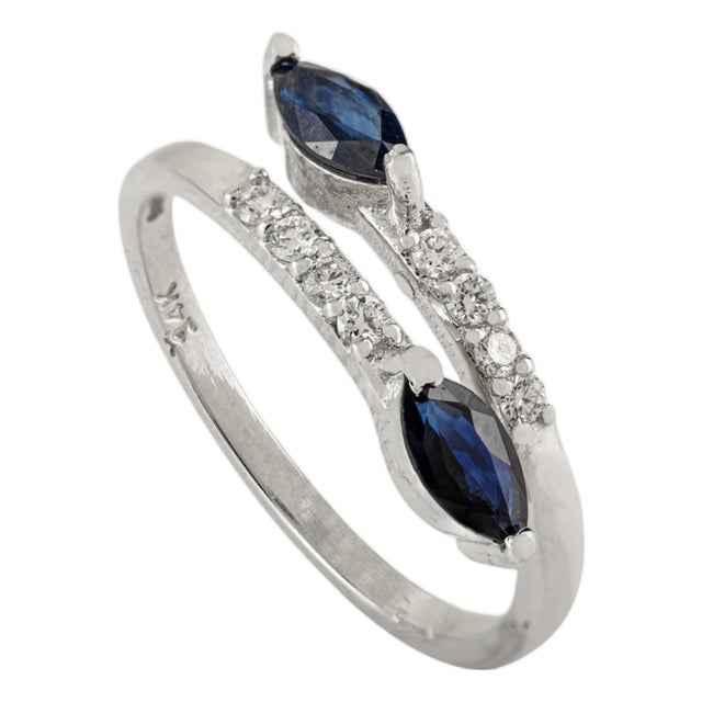 Modern Marquise Blue Sapphire and Diamond Bypass Ring Size 5.5 in 14k White Gold For Sale