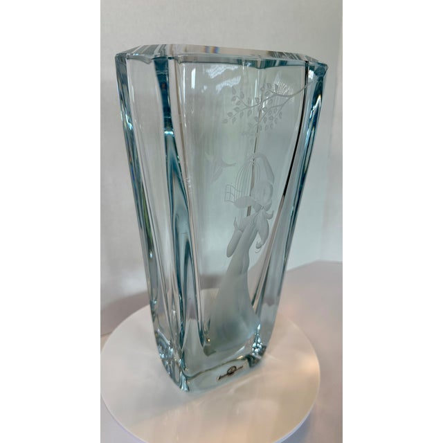 Vintage Strömbergshyttan B1046 Swedish Mid-Century Ice Blue Engraved Crystal Vase For Sale - Image 9 of 14