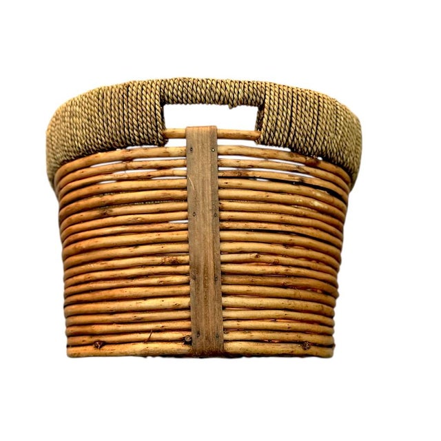 Vintage Woven Oval Pencil Reed Basket W/ Rattan Rim & Wooden Straps For Sale - Image 4 of 10