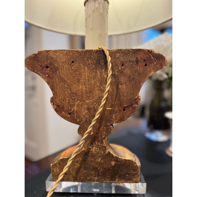 Wood Antique Giltwood Architectural Fragment Lamp, Custom Shade, Professionally Wired For Sale - Image 7 of 10