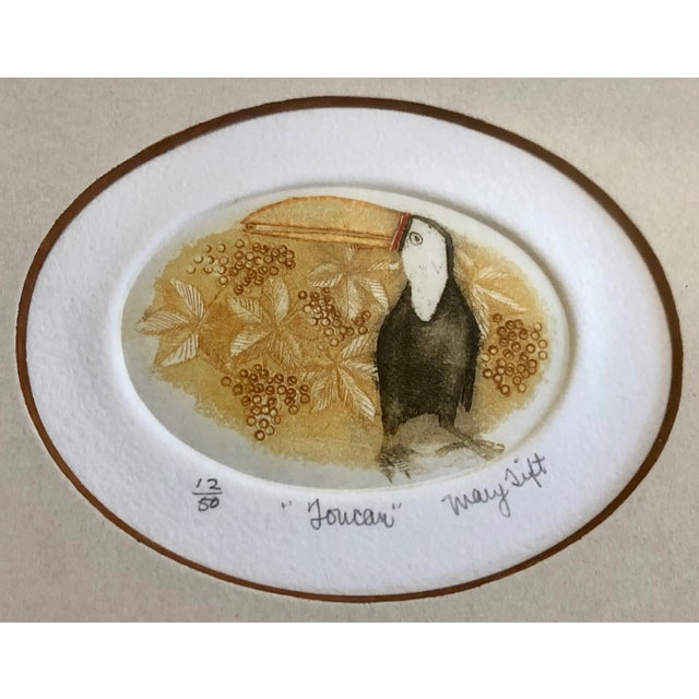 Charming hand painted etching of a toucan in an oval has been professionally framed by the famous San Francisco house of...