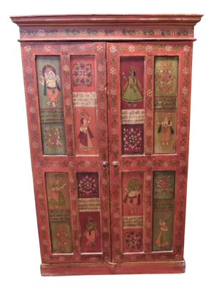 Tall Indian Folk Art Painted Cabinet