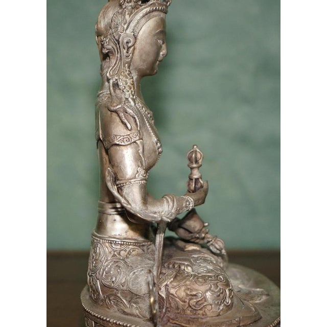 Tibetan Silvered Metal Buddhist Deity Figure Statue on Lotus Base For Sale - Image 11 of 18