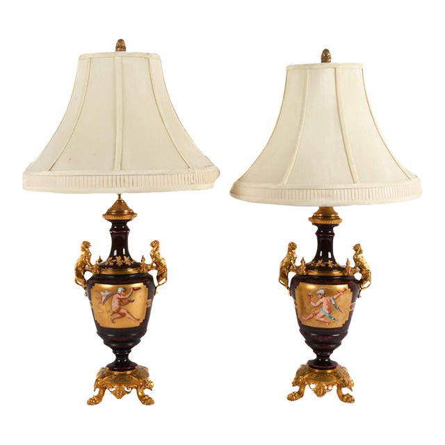 Mid 20th Century Pair of Vintage French Empire Revival Porcelain Urn Lamps, After Sèvres, With Gilt Bronze Mounts For Sale