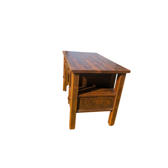 Antique Mission Style Quartersawn Oak Desk | Arts & Crafts Era Kneehole Library Writing Table For Sale - Image 12 of 17