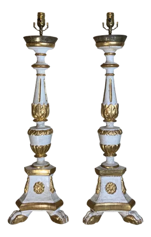 Antique Neoclassical Italian Carved Gold Giltwood Candlestick Table Lamps - a Pair