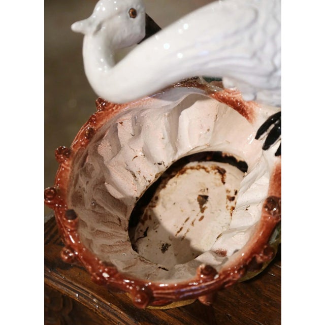 White Mid-Century Italian Majolica Swan Cachepot Planter With Barbotine Decor For Sale - Image 8 of 10
