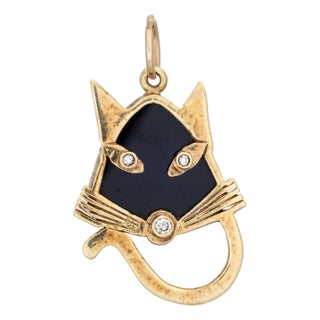 60s Vintage Black Cat Charm Diamond Eyes Onyx Kitty 14k Gold Pendant Animal For Sale