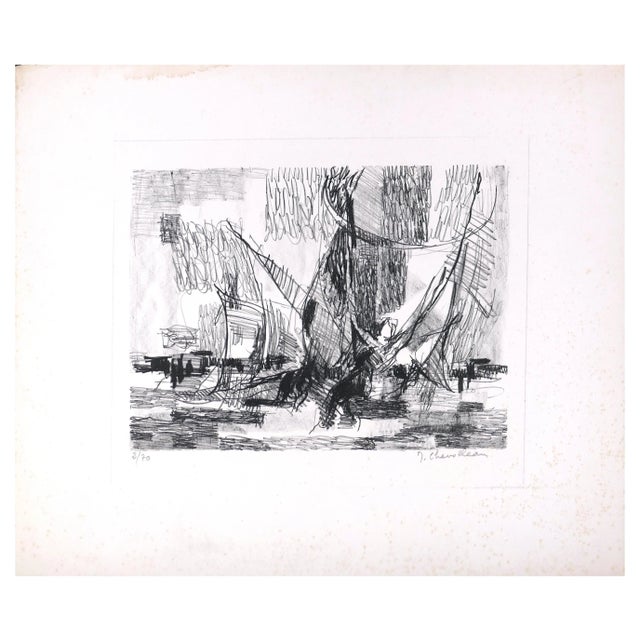 Composition is a black and white lithograph realized by Jean Chevolleau (1924 - 1996) in the half of the 20th Century....