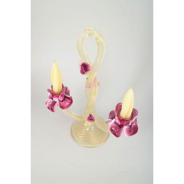 Murano Large two-light art glass candlestick, 1960s. Impressive mouth-blown Murano candlestick with two candle holders,...