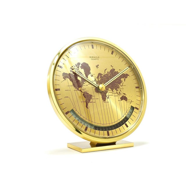 1960s Mid-Century GMT World Time Zone Brass Table Clock, Germany attributed to Wilhelm Kienzle, 1960s For Sale - Image 5 of 17