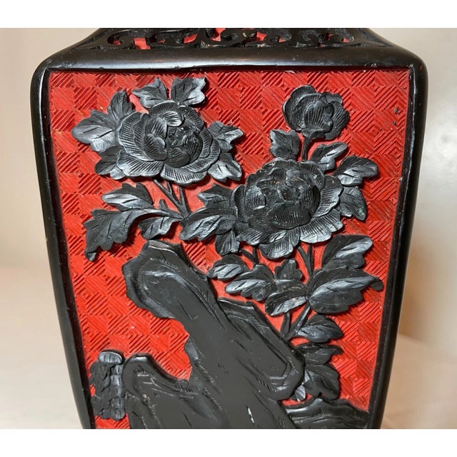 Red Antique Handmade Chinese Carved Black Red Lacquer Cinnabar Floral Vase Urn For Sale - Image 8 of 13
