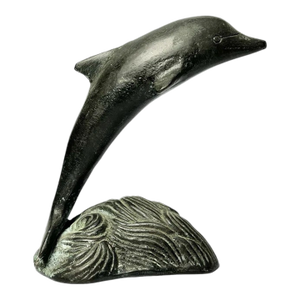 1980s Vintage Black-Green Patina Bronze Dolphin Sculpture