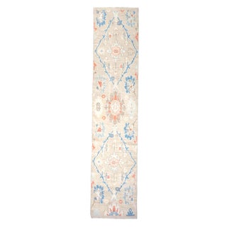 21st Century Turkish Oushak Wool 3x12 Beige & Blue Handmade Runner Rug #1144198 For Sale