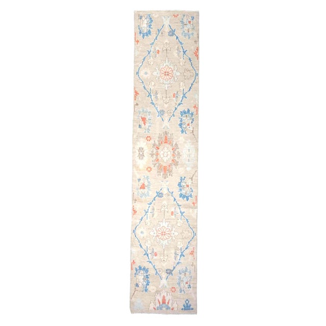 21st Century Turkish Oushak Wool 3x12 Beige & Blue Handmade Runner Rug #1144198 For Sale