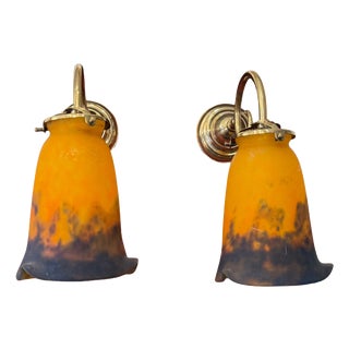 Vintage Art Deco Brass Wall Sconces with Signed Glass Shades by Muller Frères, France, 1920s, Set of 2 For Sale
