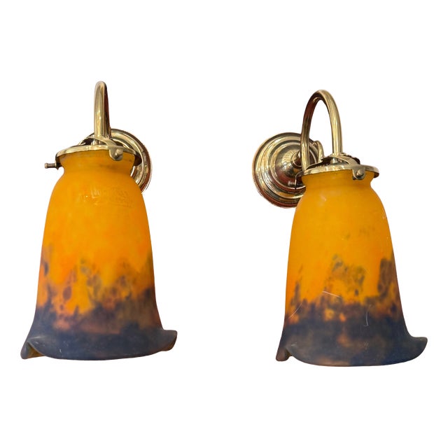 Vintage Art Deco Brass Wall Sconces with Signed Glass Shades by Muller Frères, France, 1920s, Set of 2 For Sale