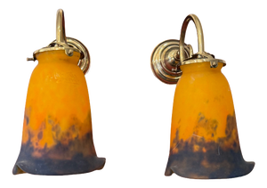 Vintage Art Deco Brass Wall Sconces with Signed Glass Shades by Muller Frères, France, 1920s, Set of 2