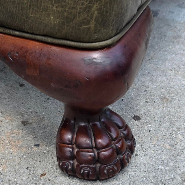 Vintage English Georgian Style Distressed Olive Green Leather Wingback Library Armchair With Ball & Claw Feet For Sale In Washington DC - Image 6 of 12