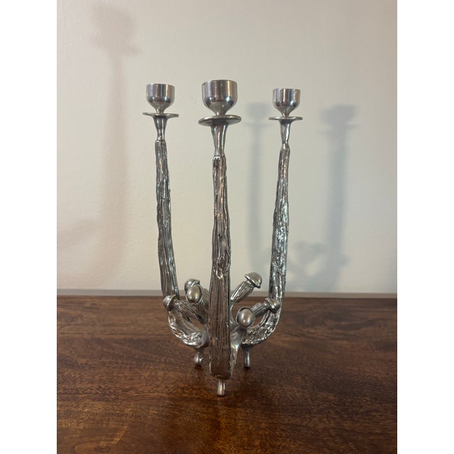 Vintage Castor Cooper Signed Pewter Brutalist Three Light Candelabra For Sale - Image 4 of 6