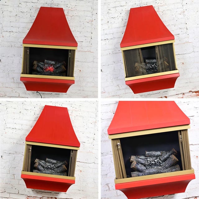 1960’s Mid-Century Modern Electric Wall Fireplace Orange With Gold Tone Trim Attributed to Montgomery Ward Style House For Sale - Image 10 of 12