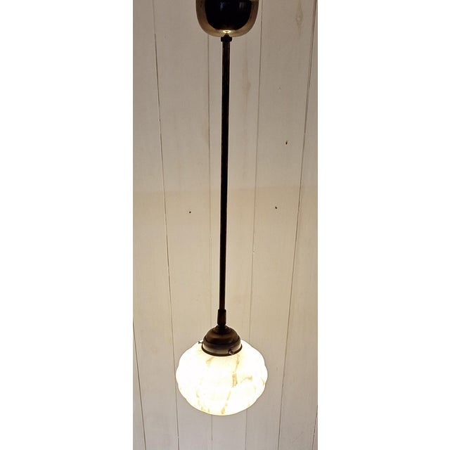 Art Deco Ceiling Lamp in Brass and Yellow-Brown Marbled Glass Shade, 1930s For Sale - Image 3 of 8
