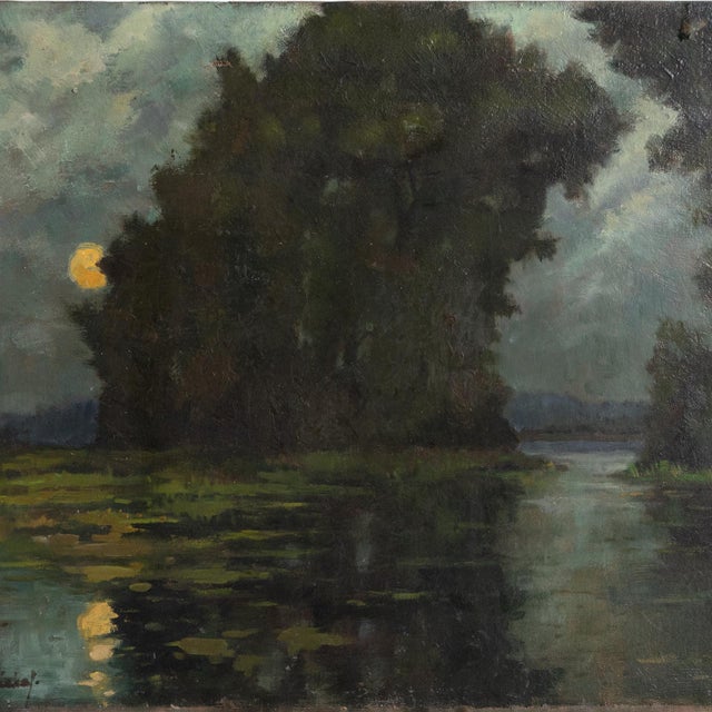 Romantic Moonlight River Landscape, Vintage Original Impressionist Oil Painting, Early-Mid 20th Century For Sale - Image 4 of 10