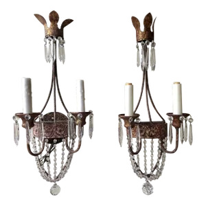 Pair Niermann Weeks 'Neapolitan' Crystal & Copper Metal Two-Light Wall Sconces