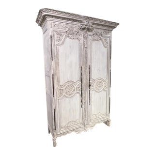 Antique White Painted Oak Armoire From Normandy, Circa 1880 For Sale