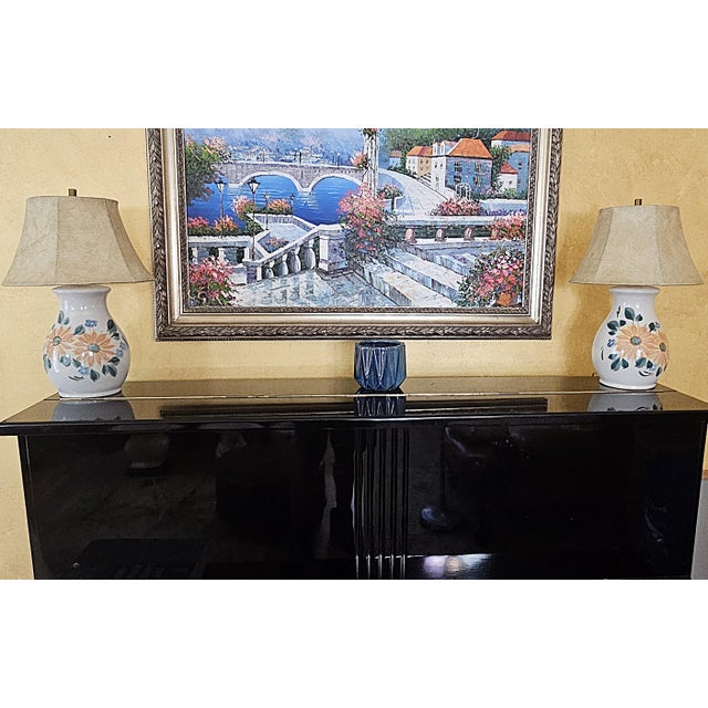 Contemporary Hand‑Painted Floral Ceramic Lamps W/ Faux Leather Shades – Pair For Sale - Image 17 of 18