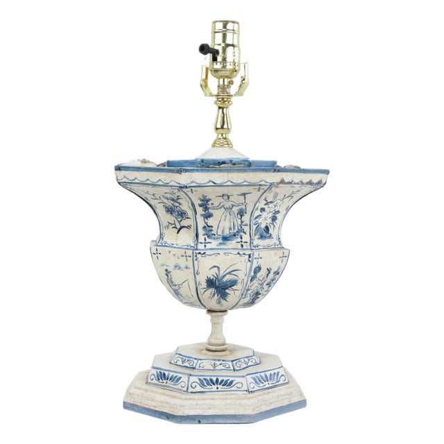 Vintage Hand-Painted Dutch Blue and White Tile-Style Metal Table Lamp - Octagonal Urn With Pastoral Scenes For Sale