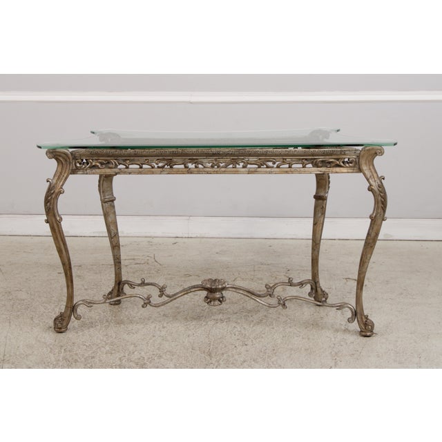 Queen Anne Vintage Silver Finish Glass Top Console Table For Sale - Image 3 of 18