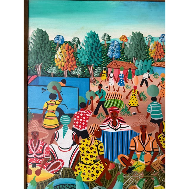 M. Bazile Haitian Folk Art Market Scene Oil on Masonite Board – Framed For Sale - Image 11 of 12