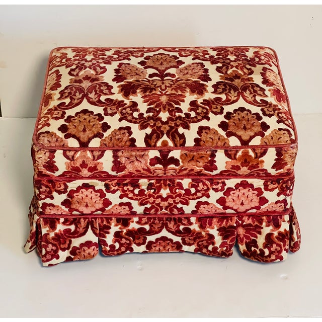 Mid-Century Modern Vintage Burgundy Red Cut Velvet Ottoman Pouff on Coasters For Sale - Image 3 of 5