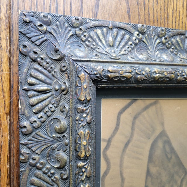 Wood Antique Portrait of a Women Muted Pallet in Ornate Frame & Matted For Sale - Image 7 of 18