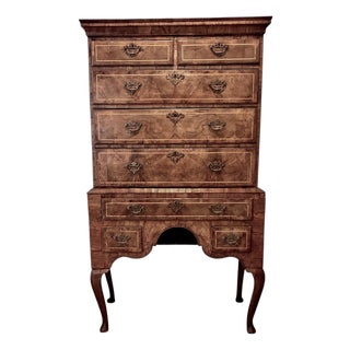 19th Century English Burled Walnut Highboy Chest on Stand For Sale